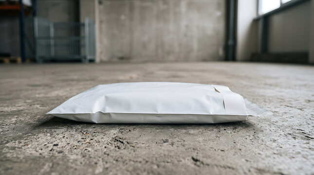 White poly mailer bag laying on concrete floor for e-commerce delivery logistics shipping courier service warehouse storage