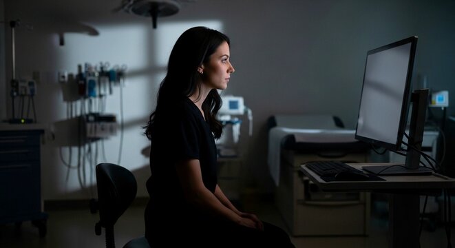 Woman sitting at desk in dark office at night