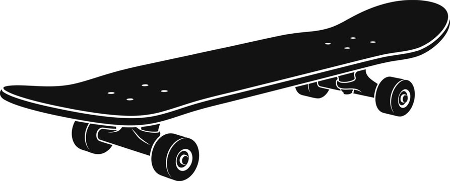 Skateboard vector illustration isolated on transparent background, black icon of a skateboard, longboard or penny board in perspective.