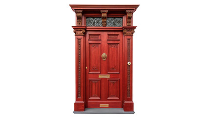 Obraz premium Classic vintage red wooden door with ornate panels isolated on transparent background