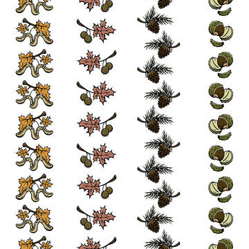 Autumn seamless borders with pine cones, maple leaves with seeds, plane tree branches and open chestnuts. Hand drawn doodle illustration of vertical fall botanical patterns. Repeating ribbons