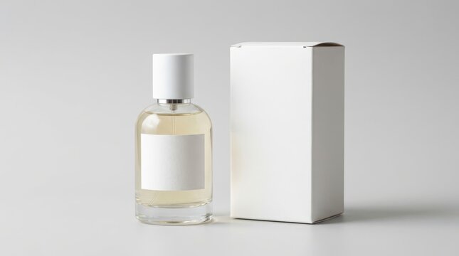 Clear glass perfume bottle with blank white label and packaging box mockup packaging cosmetic