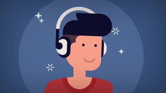2D Animated Young Man Portrait Wearing Headphones listening to Music, Happy Male Character Avatar, Music Streaming Concept, Flat Vector