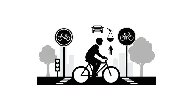Flat vector silhouette of a cyclist on an urban road featuring bicycle path signs, car icons, balance scale symbol, traffic light, and city trees depicting shared transport infrastructure.