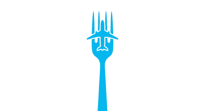 Blue fork airplane logo representing travel dining and catering.