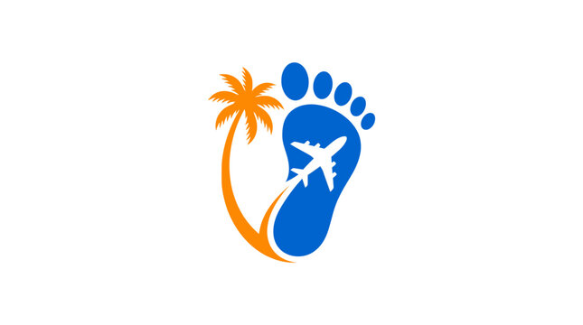 Blue footprint logo with airplane silhouette and palm tree.