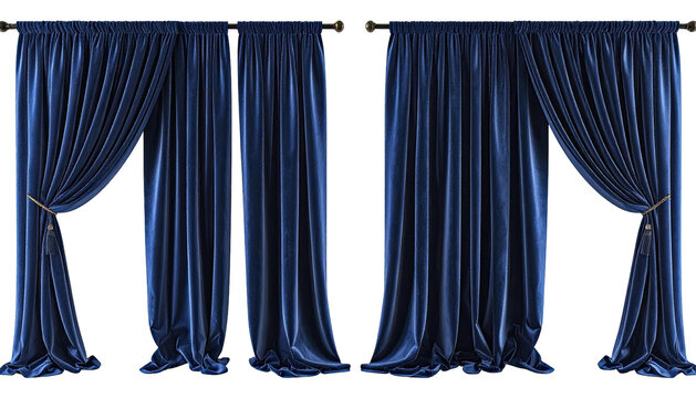 Deep blue velvet curtains with gathered sections against a black background