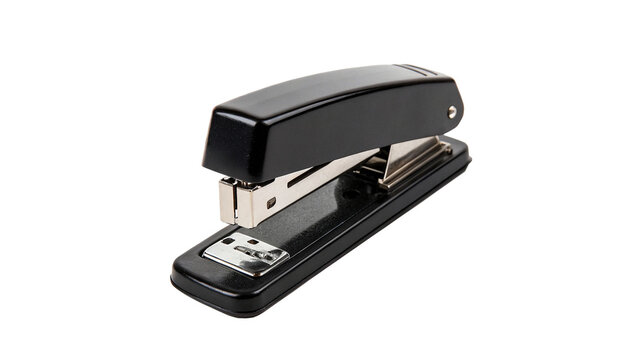 Classic black office desktop stapler mechanical paperwork tool item isolated on transparent background