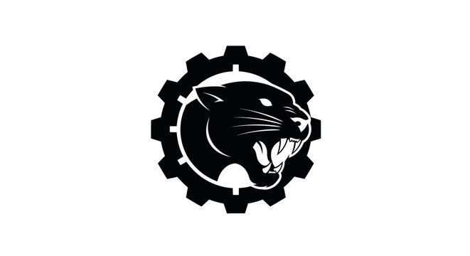 Black panther head inside gear wheel industrial logo