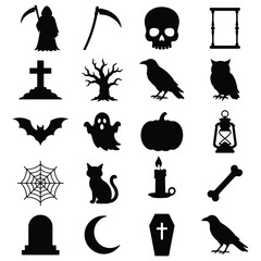 Obraz premium Gothic halloween silhouette set with reaper crow cat and various creepy symbolic elements