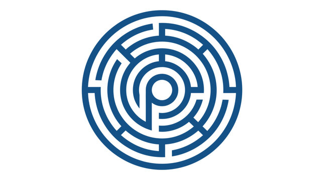 Blue circular labyrinth maze pattern logo.