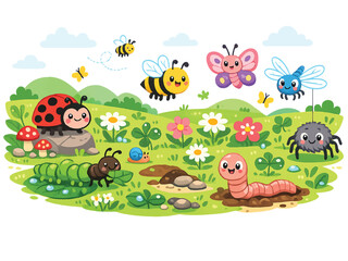 Naklejka premium Print Cute Cartoon Insects in Sunny Meadow Landscape for Kids – Ladybug, Bee, Butterfly, Caterpillar, Ant and Dragonfly Nature Vector Background