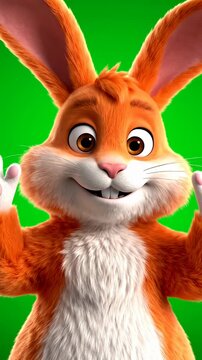 Happy orange cartoon rabbit smiling on green background