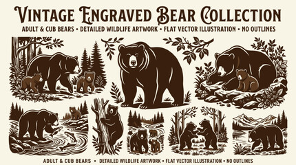 Vintage engraved bear collection illustrations. © Ira Project
