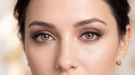 Fototapeta premium Closeup of beautiful eyes, natural makeup, smooth skin, well groomed eyebrows, and soft lighting create calm and confident expression in studio portrait of young woman