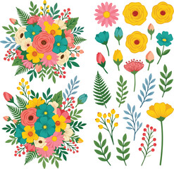 Fototapeta premium Summer flower collection, hand-drawn style floral arrangements and botanical elements