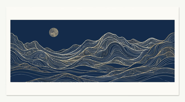 Abstract mountain landscape with moon in traditional oriental style