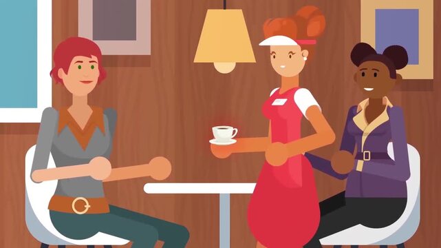2D Animated Coffee Shop interior, Waitress serving Female Customers sitting at Cafe Table, Restaurant Service Flat Vector Design
