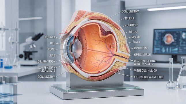 Cross section eye anatomy model showing cornea iris pupil lens retina optic nerve sclera choroid macula fovea and labeled parts in laboratory setting
