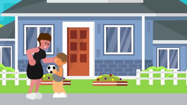 2D Animated Kids Playing with Football Soccer Ball in Front Yard of House, Neighborhood Suburban Street, Flat Vector Illustration