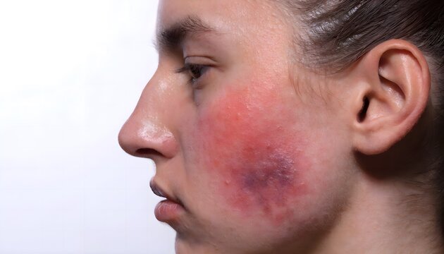 Side profile of face with painful cheekbone contusion erythema and early stage bruise skin injury