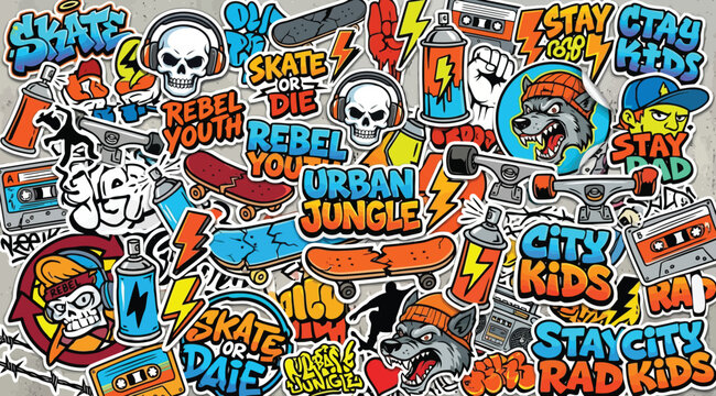 Urban street culture sticker bomb collage with graffiti elements