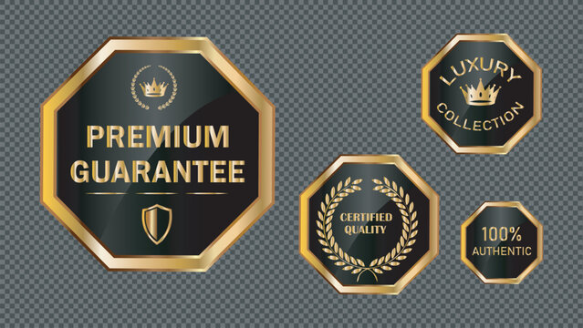 Set of luxury black and gold premium guarantee labels and badges for quality assurance and authentic product branding