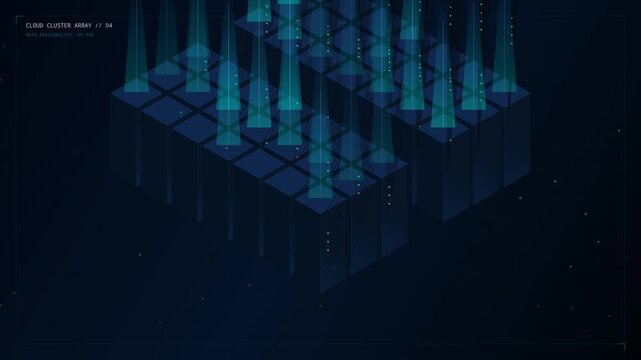 Isometric Big Data Server Matrix Loop with Glowing LED Lights and Beams