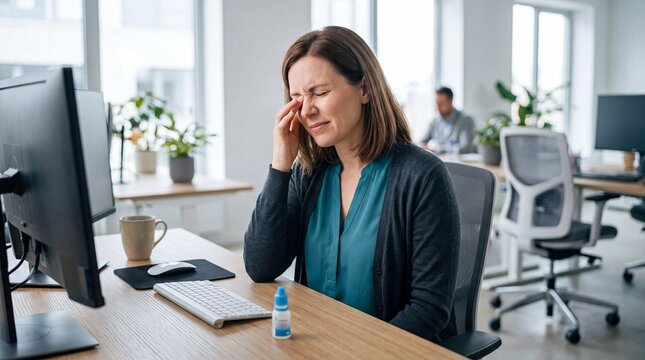 Woman office worker experiencing dry eye discomfort, sitting at desk with computer, touching eye, eye drop bottle on table, modern workspace, natural light, stressed expression