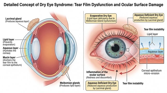 Dry eye syndrome illustration showing tear film dysfunction ocular surface damage lipid layer aqueous layer mucin layer lacrimal gland meibomian gland and symptoms like redness and discomfort