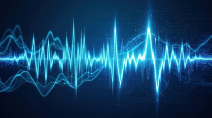 Fototapeta premium Glowing blue audio sound wave graphic showing musical rhythm and electronic signal frequency on a dark digital background