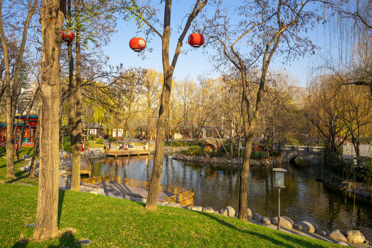 Beautiful view of Tang Paradise park and lake at twilight in Xi'an, China.