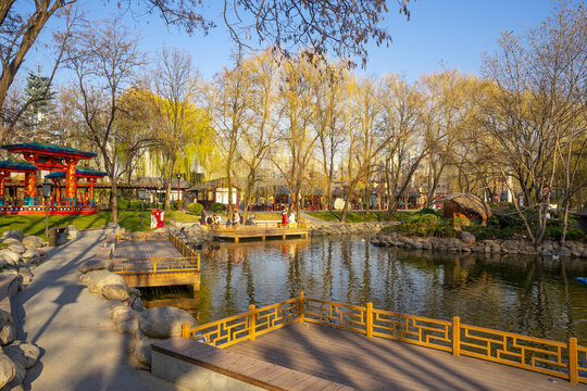 Beautiful view of Tang Paradise park and lake at twilight in Xi'an, China.
