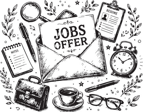 Jobs Offer Vintage Business Doodle Vector Set with Recruitment Elements