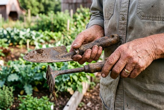 Close-up of dirty farmer hands holding vintage gardening tools in a green vegetable garden.