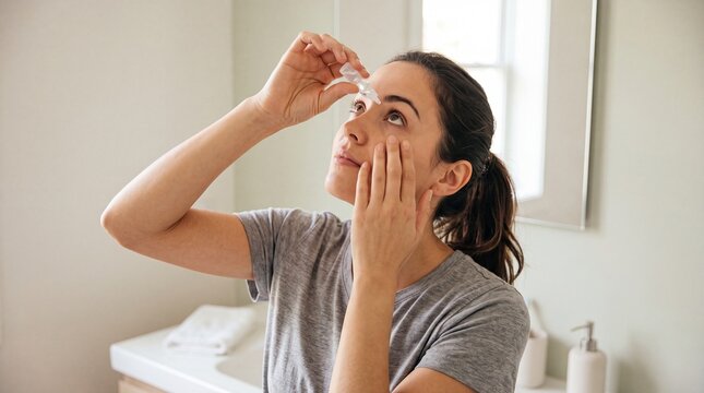 Woman using eye drop eye care routine healthy lifestyle home bathroom natural light casual clothing self care vision health daily habit adult female wellness concept relaxed mood