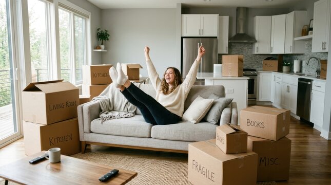 Happy young woman sitting on couch with arms raised celebrating moving into a new home with many cardboard boxes around