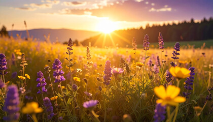 Naklejka premium Authentic sun-drenched meadow background wild purple lavender and yellow
