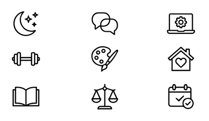 Fototapeta premium Modern Line Icons: Moon, Chat, Laptop, Dumbbell, Art, Home, Book, Scales, Calendar Icons