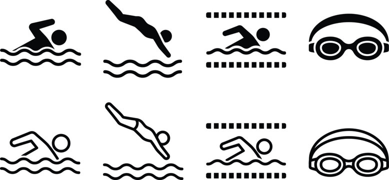 minimalist swimming icon collection vector set with swimmer goggles and water waves