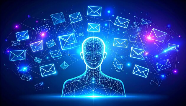 Human silhouette with glowing brain and digital network concept.
