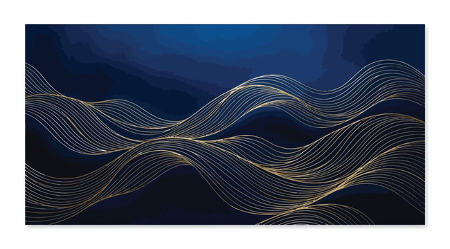 Topographic map style abstract lines in gold and white on a dark blue background