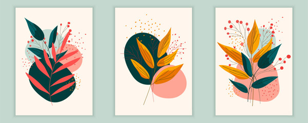 Set of minimalist autumn greeting cards featuring leaves and branches. An abstract poster design with vibrant plants in a fall style. Vector illustration for advertising and websites. © Evgeniia
