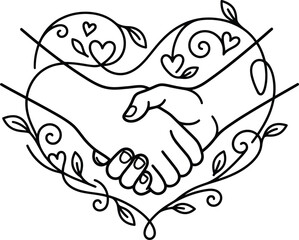 Obraz premium Handshake in Heart Floral Frame Cartoon, Kawaii Friendship Day Line Art