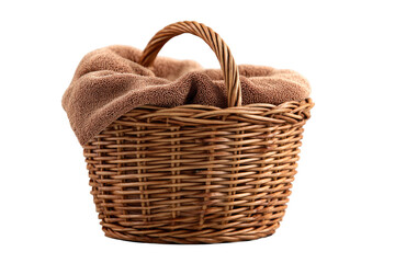 Obraz premium Wicker basket with brown blanket or towel, studio shot on black