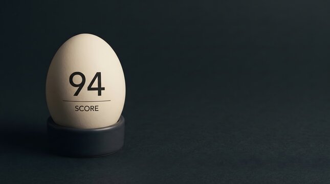 Plain cream ceramic egg with sleep score number printed on face in black type resting in dark ceramic holder on charcoal surface, sleep optimization tracking rewired wellness health metric concept art