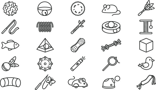 Cat Toys Line Icons Set Vector For International Cat Day Elements