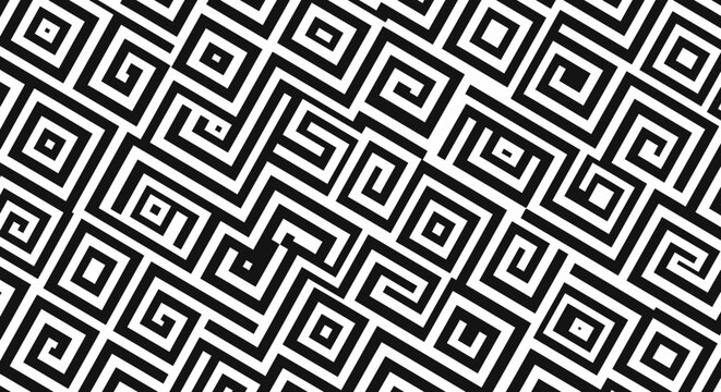 Black and white geometric maze pattern background.