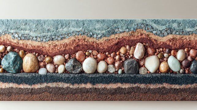 Detailed geological profile of the earth showing multiple layers of sediment, sand, and smooth stones.