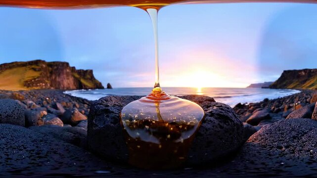 Golden liquid pours onto a dark rock by the ocean at sunset
